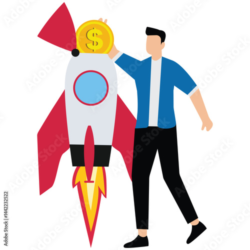 Businessman investor put money coin into innovative rocket to launch new business