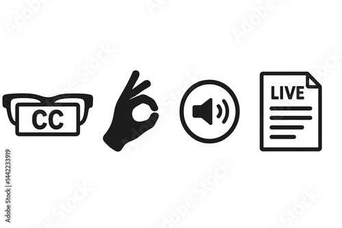 The merging of accessibility icons includes captions, sign, audio, and text