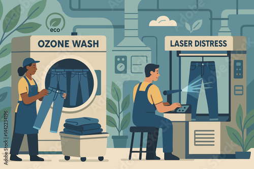 The fashion-tech landscape is flat and features an ozone cabinet, laser beams, and denim rolls
