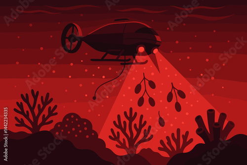 The scene depicts a flat reef restoration with a drone arm, spawn clouds, and water illuminated by the moon