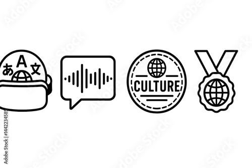 Icons in Language-VR that show letters, voice, culture, and victory are displayed