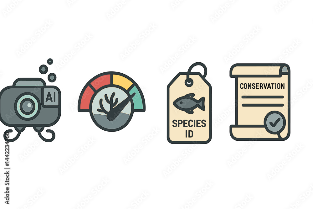 Naklejka premium Icons of ocean science are connected through camera, health, ID, and promise