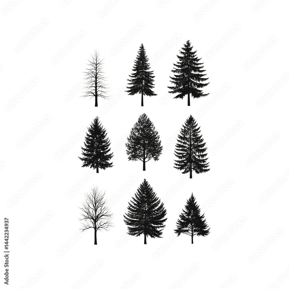 Obraz premium Collection of Twelve Diverse Tree Silhouettes Graphic Design Elements for Nature-Themed Projects