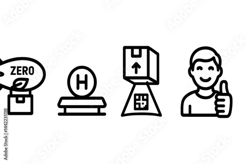 Icons of air cargo are represented by images of a blimp, target, scan, and satisfaction