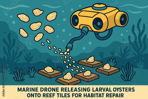 The scene depicted a flat landscape of conservation technology, featuring a drone, a cloud of larvae, and tiles covering the seabed
