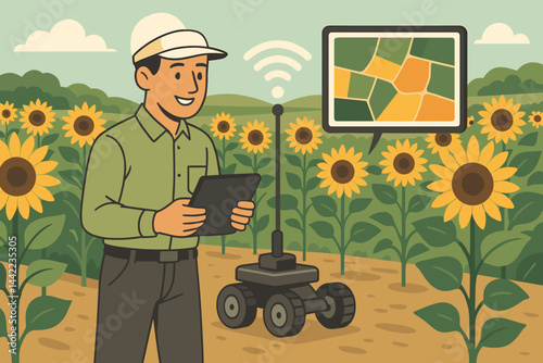 The scene depicts a flat agricultural robot setting with rover tracks, a tablet, and yellow flowers in bloom