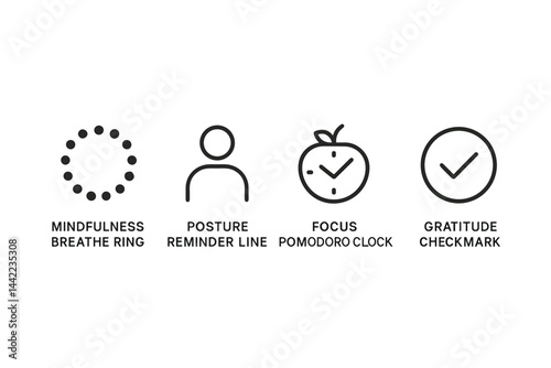 Icons of workplace wellbeing that bring together breath, posture, time, and gratitude