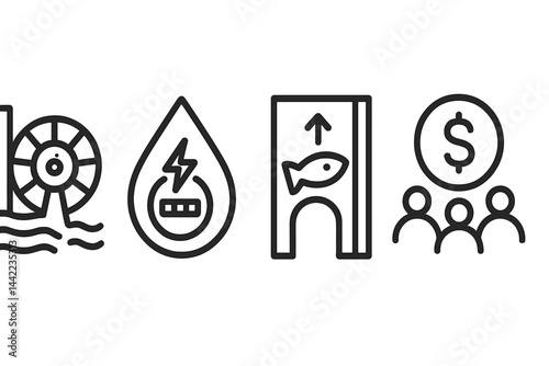 Icons representing micro-hydro systems connect turbine, output, ecology, and financial aspects