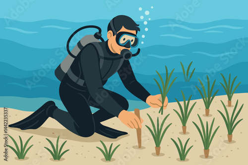 The scene depicts a flat seabed with a diver, shoots, and sand