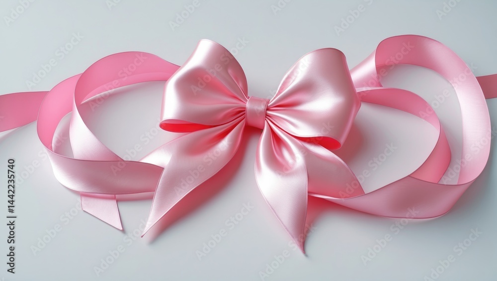 Pink satin bow ribbon on a white surface, viewed from above Pink satin bow ribbon on a white surface, viewed from above