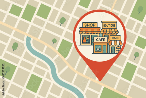 Urban landscape with notable locations on full display in a two-dimensional setting