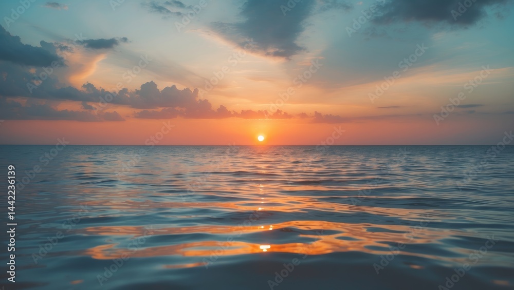 Obraz premium Orange sunlight illuminating the sunset sky over the sea