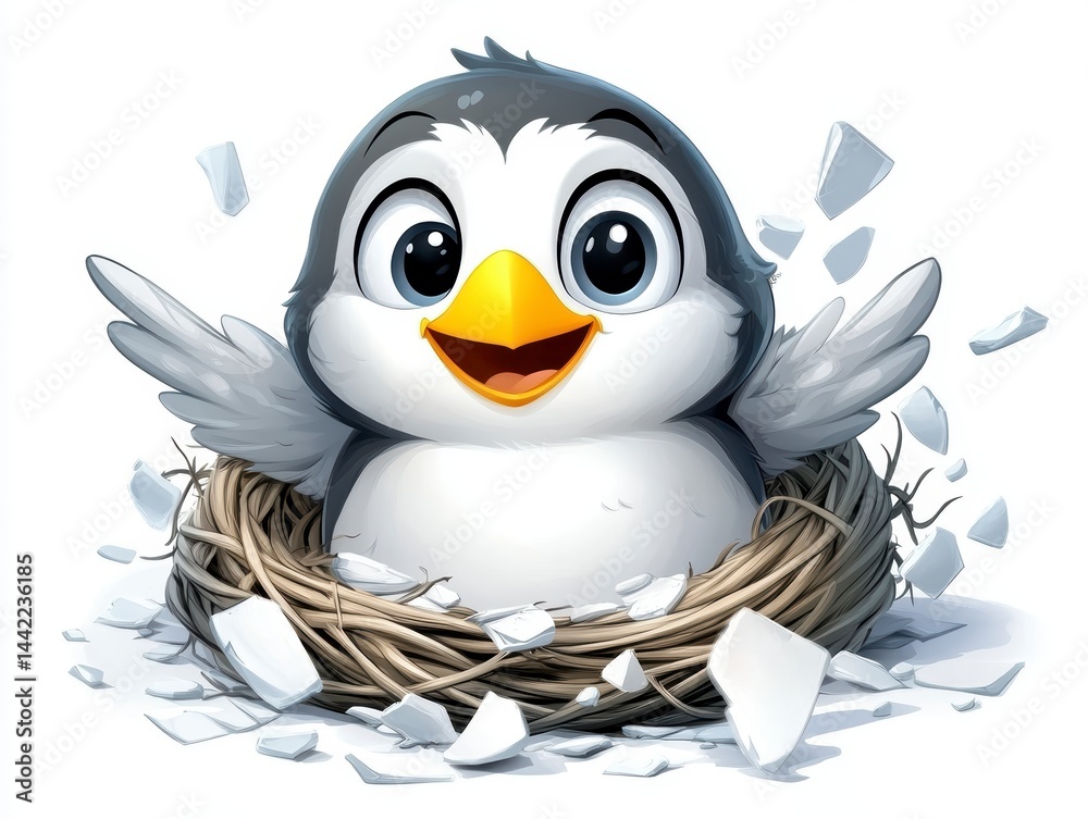 Cheerful penguin hatching nest environment cartoon illustration playful scene upbeat concept for kids Cheerful penguin hatching nest environment cartoon illustration playful scene upbeat concept for kids