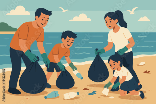 A family is depicted assisting in the removal of litter from a beach in a flat environmental scene