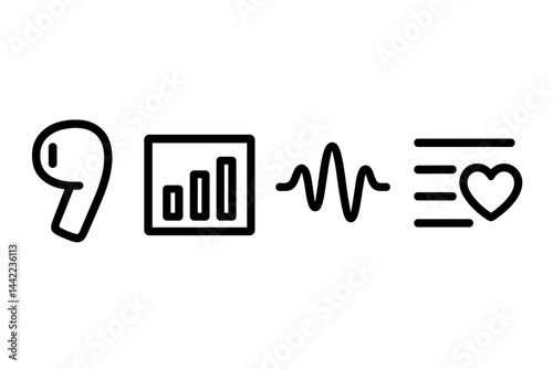 Icons for audio include those for devices, levels, waves, and a list of favorites