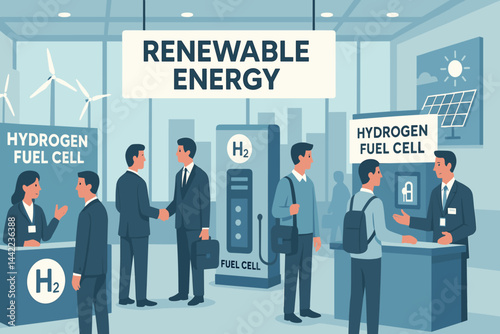 The scene at the flat green-tech expo includes various booths, numerous visitors, and several blue fuel units on display