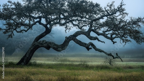 A lone tree with sprawling branches in a misty meadow