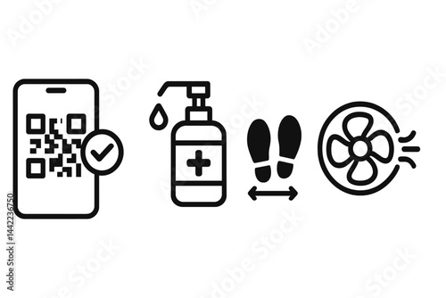 Public health symbols incorporating digital check-in, hygiene practices, social distancing, and airflow