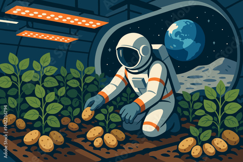 The scene depicted is a flat, off-world setting featuring an astronaut, tubers, and a curved window with a view of Earth