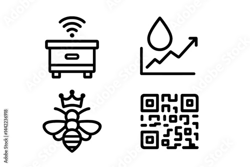 Icons of apiculture technology include those representing sensors, products, queens, and ID scanning