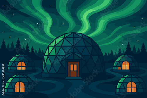 The scene depicts a flat Arctic ecosystem with glowing igloos set against a night sky and snowy landscape
