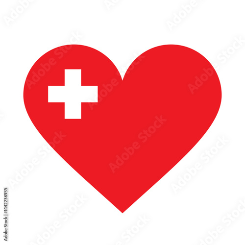 Vector health care icon, medical cross in red heart. Cardiology symbol isolated on white background.