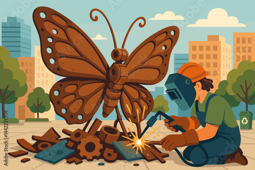 A public-art display that is flat showcases sparks, colorful wings, and curious onlookers