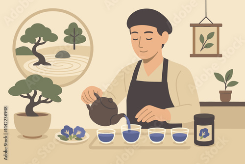 A serene landscape featuring a blue infusion, raked sand patterns, and a bonsai tree is depicted