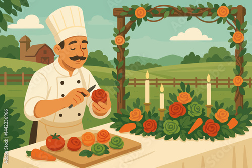 The artistic display of food is flat and features a carving knife, radish petals, and rustic decor