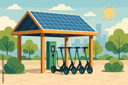 The micro-mobility scene is depicted as flat, complete with panels, charging docks, and city visitors