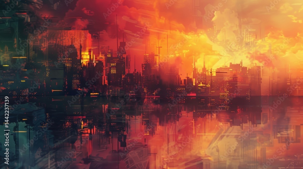 Obraz premium Vibrant city skyline at sunset with dramatic clouds and reflections on calm water