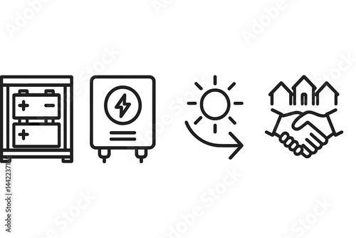Icons representing battery reuse are linked to a rack, an inverter, surplus energy, and a cooperative