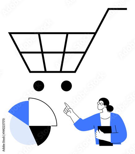 Professional reviewing pie chart while pointing to shopping cart graphic. Ideal for e-commerce, marketing, retail analysis, consumer behavior, sales strategy, business insights, flat simple metaphor