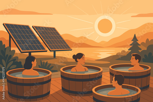 The scene is a flat, wellness-inspired green landscape with PV roofs, misty steam, and a warm sunrise glow