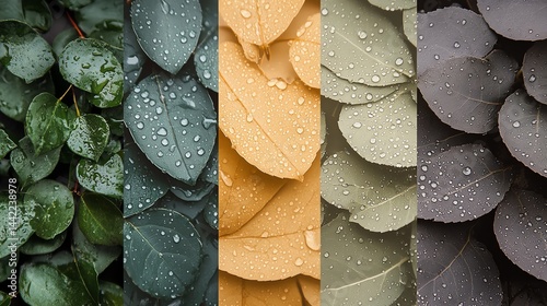 Leaves with water droplets, showcasing various textures and colors.