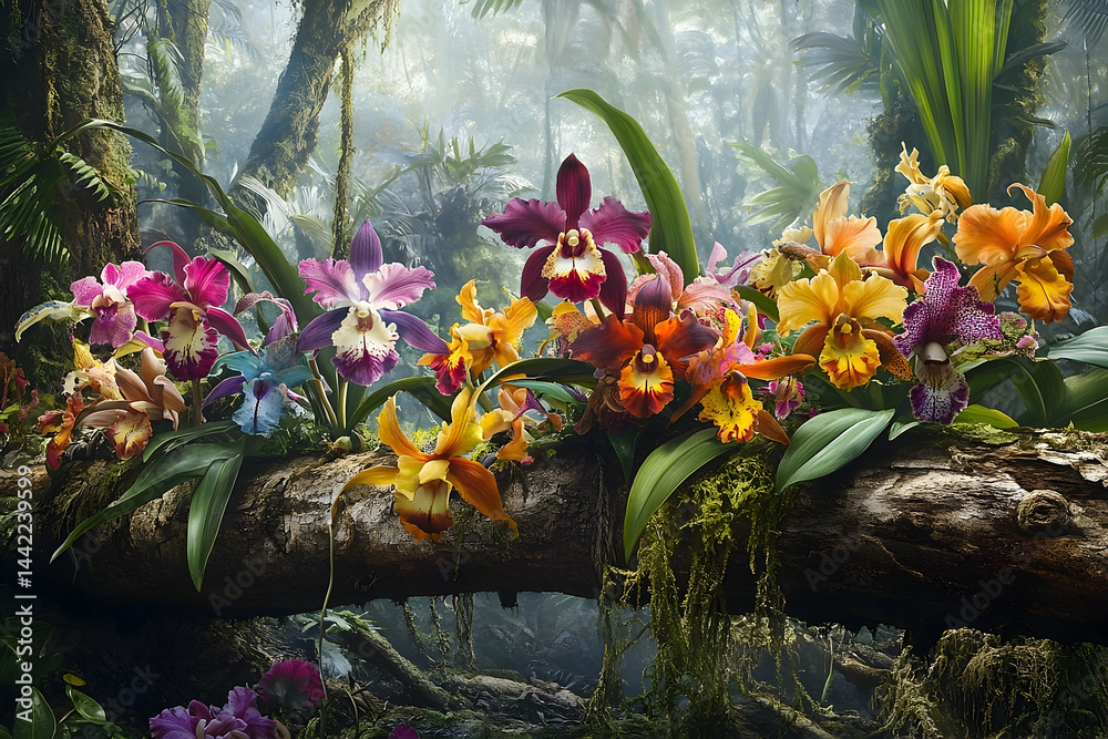 Fototapeta premium Vibrant orchids flourish on a fallen log in a misty forest.