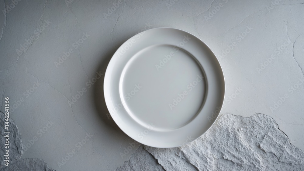 Top view of a white plate placed on a white stone surface Top view of a white plate placed on a white stone surface