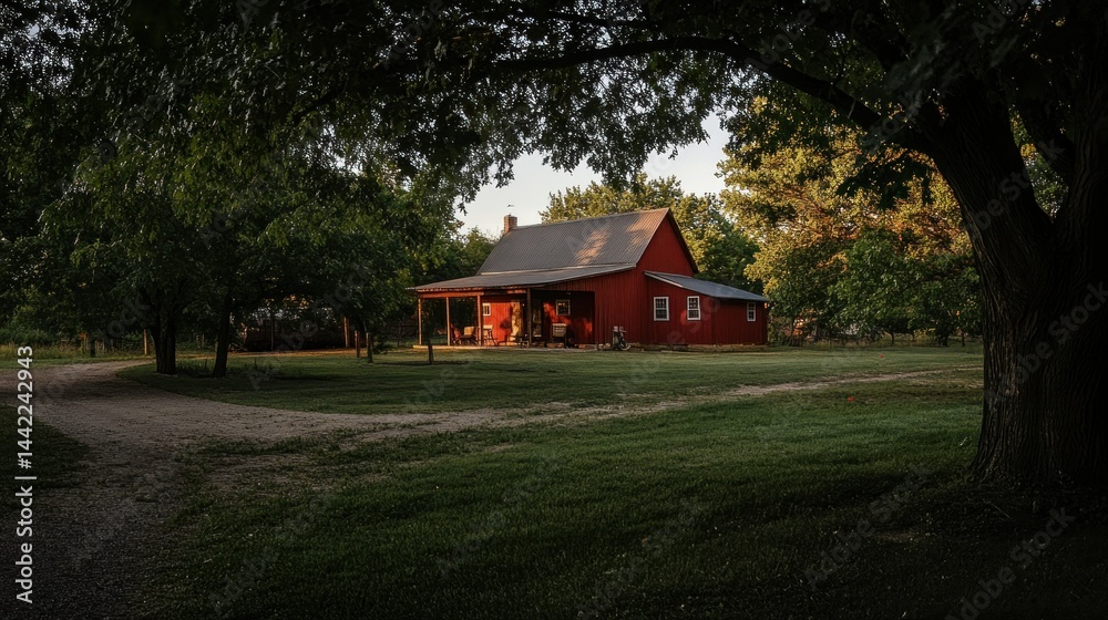 Fototapeta premium A red barn surrounded by trees on a grassy rural landscape