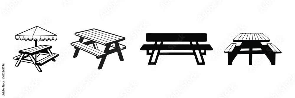Black Picnic Table Icon design, Picnic Table Silhouette. Black Picnic Table Icon design, Picnic Table Silhouette.