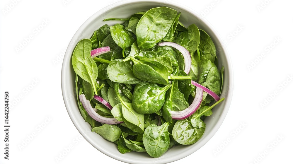 Top View of Fresh Baby Spinach, Rocket, and Red Onion Bowl, No Background, Highlighting Vibrant Ingredients Top View of Fresh Baby Spinach, Rocket, and Red Onion Bowl, No Background, Highlighting Vibrant Ingredients