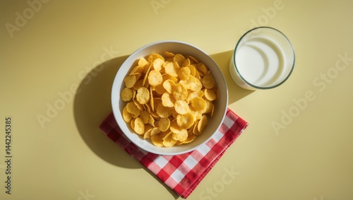 Fresh cornflakes in a bowl with milk as part of a healthy breakfast and snack concept, top view
