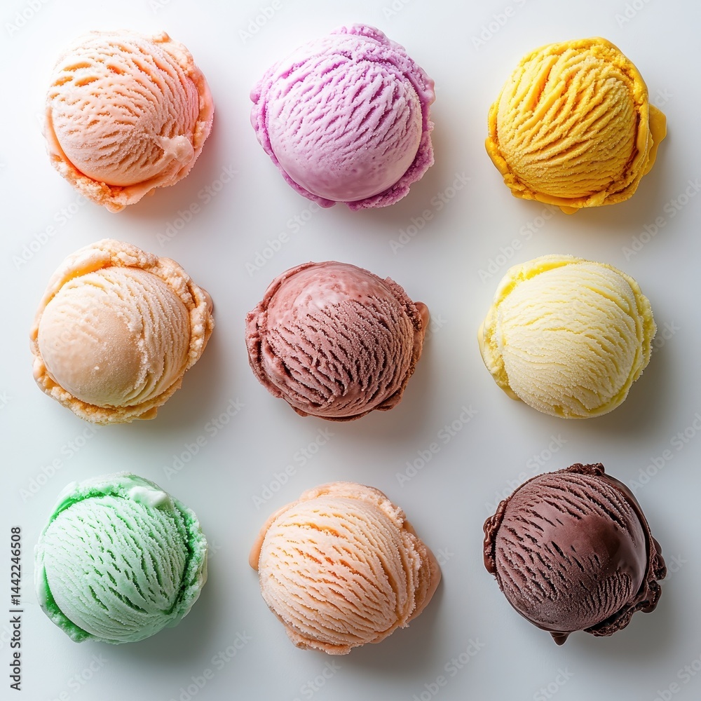 Colorful scoops of ice cream arranged in a grid pattern on a white background Colorful scoops of ice cream arranged in a grid pattern on a white background