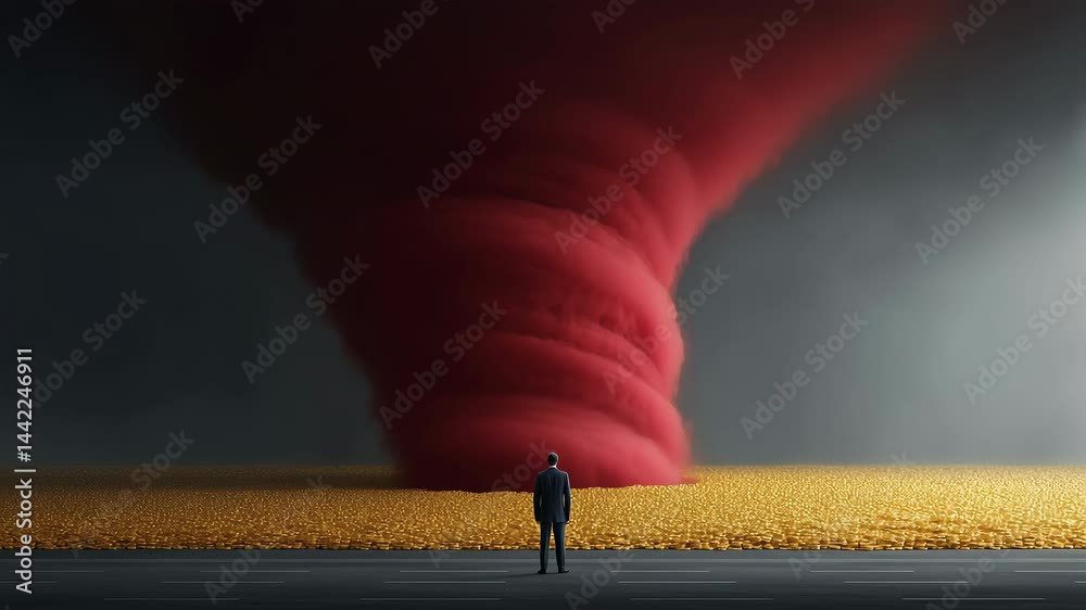 Static shot of ominous red tornado forming over golden field as lone figure stands still, facing the storm head-on.