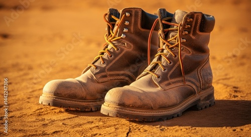 Sturdy leather work boots on sandy terrain with laces untied in sunlight