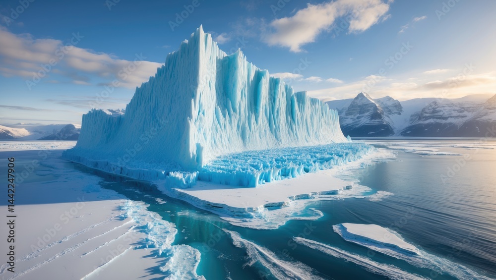 Giant towering ice glacier against a snow-capped mountain backdrop under a bright blue sunny sky, depicting an aerial winter landscape over the polar ocean.