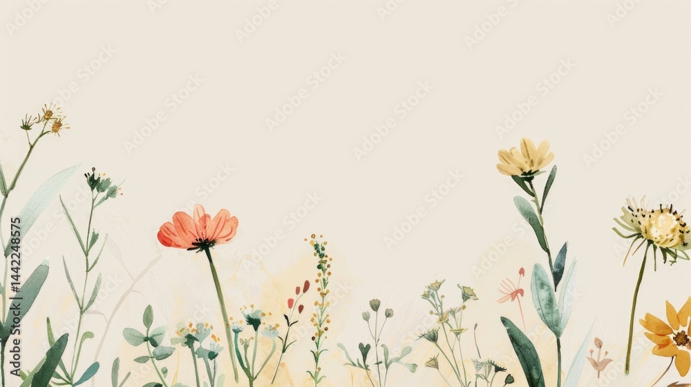 Naklejka premium Delicate wildflowers watercolor illustration with coral and yellow blooms on cream pastel background