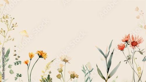 Delicate wildflowers watercolor illustration with coral and yellow blooms on cream pastel background