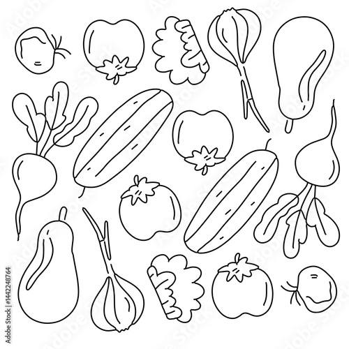 Hand drawn healthy veggie icons in clean black and white set