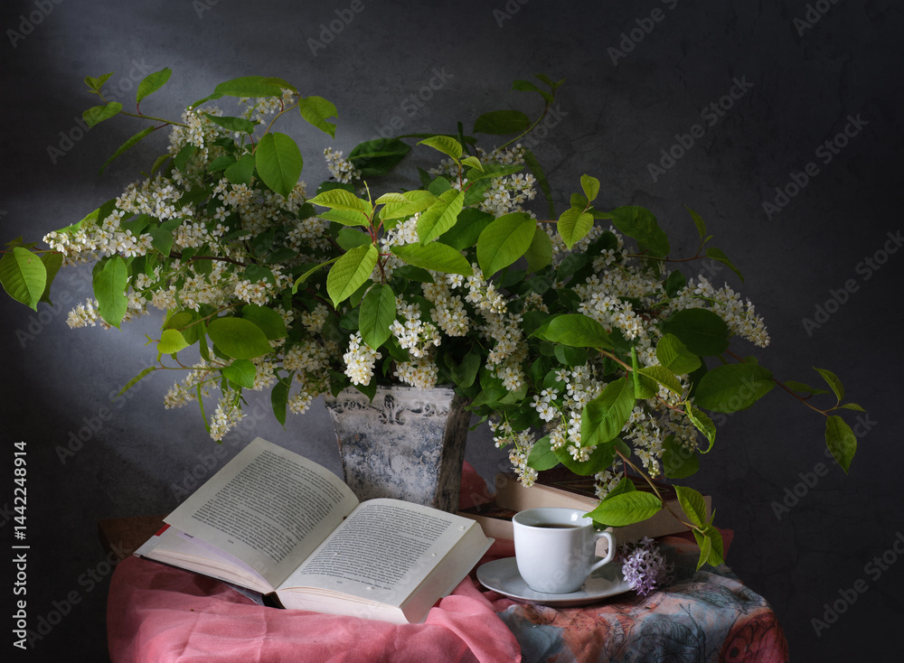 The Serene Still Life features a Book, fragrant Tea, and vibrant Flowers in harmony
