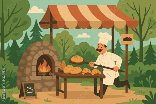 Flat rustic-food scene with wood oven log, bread loaves, and tree canopy